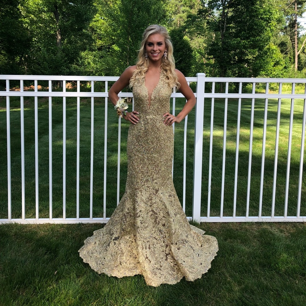 Gold Sherri Hill gown worn ONCE! Size 0!